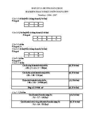Đáp án đề kiểm tra cuối học kì I Toán lớp 5 - Năm học 2016-2017